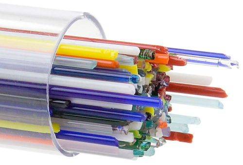Bullseye stringer,diameter ca. 1 mm,COE 90,mixed colours,transparent and opalescent,length ca. 44 cm,ca. 90 g,ca. 65 pieces,,item number 3570101.