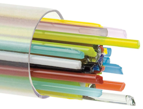 Bullseye stringer,diameter ca. 2 mm,COE 90,mixed colours,transparent and opalescent,length ca. 44 cm,ca. 80 g,ca. 24 pieces,item number 3570201.