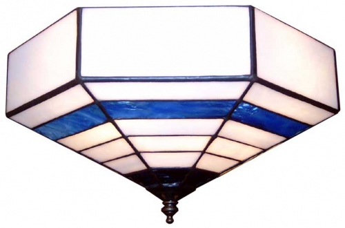 Deckenleuchte " Chinahut ",Tiffany-Glaskunst,weiss,blau-türkis graniert,Durchmesser ca. 27 cm,Artikelnummer 4000,gefertigt in unserer eigenen Werkstatt in Göttingen,Deutschland,Seitenansicht.