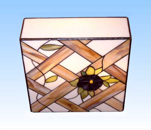 Ceiling lamp " Gartenzaun ",stained glass,white,brown,violet,green,ca. 26 x 26 cm,item number 4002,manufactured in our own atelier in Goettingen,Germany,view from diagonally below.