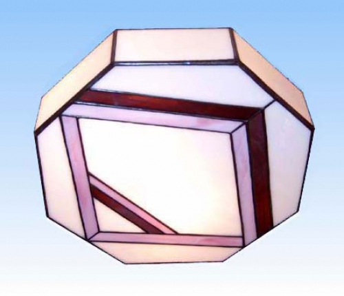Deckenleuchte " Line ",Tiffany-Glaskunst,weiss,rosa,lila,Durchmesser ca. 28 cm,Artikelnummer 4009,gefertigt in unserer eigenen Werkstatt in Göttingen,Deutschland,Ansicht von schräg unten.