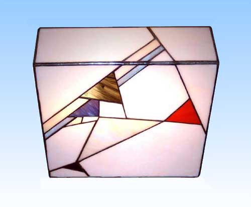Ceiling lamp " Modern ",stained glass,white,blue,red,brown,ca. 26 x 26 cm,item number 4003,manufactured in our own atelier in Goettingen,Germany,view from diagonally below.