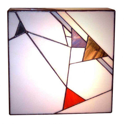 Ceiling lamp " Modern ",stained glass,white,blue,red,brown,ca. 26 x 26 cm,item number 4003,manufactured in our own atelier in Goettingen,Germany,view from below.
