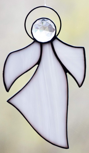 Suncatcher " Angel Luise ",stained glass,tiffany technique,white,opalescent,with faceted glass stone,clear,height ca. 15 cm,width ca. 9 cm,item number 30068B,manufactured for you in our own atelier.Carmen Harusta,Glasinsel ®,Göttingen,Germany.