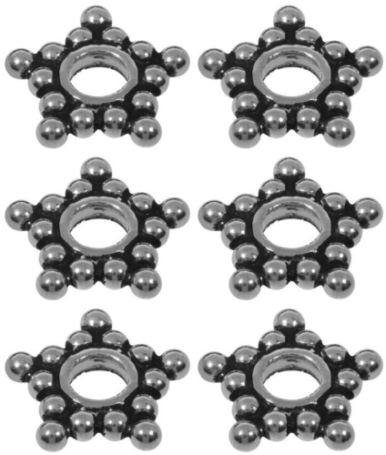 Intermediate parts,ethno style,stars,outer Ø ca. 12 mm,inner Ø 3,7 mm,Sterling Silver "antique",6 pieces,item number 3816K-6.