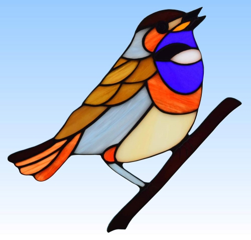 Stained glass suncatcher,window picture," Bluethroat ",16 x 18 cm,item number 20291,manufactured in our own atelier.Carmen Harusta,Glasinsel ®,Goettingen,Germany.(transmitted light)