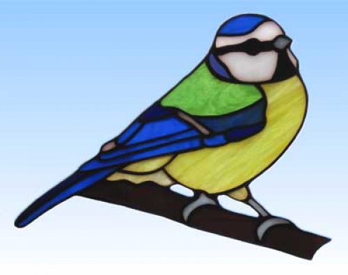 Stained glass suncatcher,window picture," Blue Tit ",15 x 18 cm,item number 20233,manufactured in our own atelier.Carmen Harusta,Glasinsel ®,Goettingen,Germany.