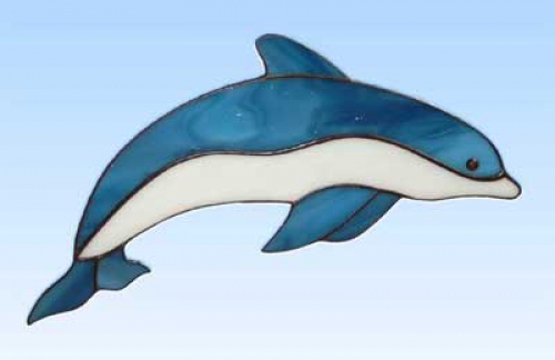 Stained glass suncatcher,window picture," Dolphin ",12 x 24 cm,item number 20200,manufactured in our own atelier.Carmen Harusta,Glasinsel ®,Goettingen,Germany.