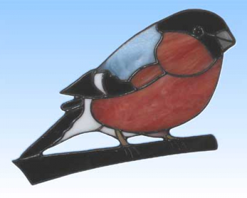 Stained glass suncatcher,window picture," Bullfinch ",14 x 18 cm,item number 20229,manufactured in our own atelier.Carmen Harusta,Glasinsel ®,Goettingen,Germany.