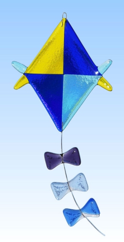 Fused suncatcher,window picture," Kite ",stained glass,blue,yellow,violet,22 x 10,5 cm,item number 20271-A,manufactured in our own atelier.Carmen Harusta,Glasinsel ®,Goettingen,Germany.