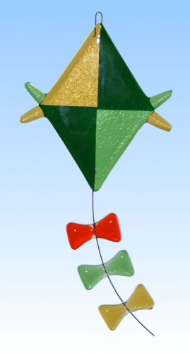 Fused suncatcher,window picture," Kite ",stained glass,green,amber,orange,22 x 10,5 cm,item number 20271-B,manufactured in our own atelier.Carmen Harusta,Glasinsel ®,Goettingen,Germany.
