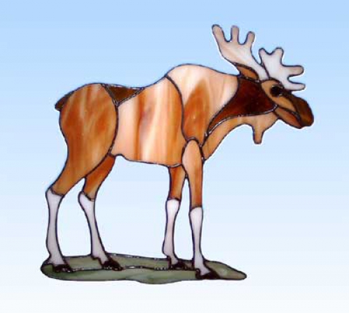 Stained glass suncatcher,window picture," Elk ",21 x 21 cm,item number 20199,manufactured in our own atelier.Carmen Harusta,Glasinsel ®,Goettingen,Germany.
