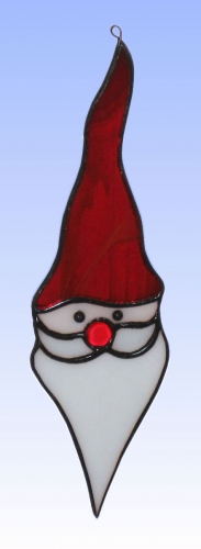 Fensterbild " Nikolaus mit spitzer Mütze ",Tiffany-Glaskunst,rot,weiss,champagner,opalescent,ca. 17 x 5 cm,Artikelnummer 30055,in unserer eigenen Werkstatt hergestellt.Carmen Harusta,Glasinsel ®,Göttingen,Deutschland.