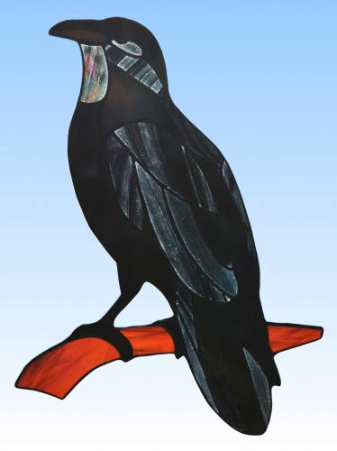 Stained glass suncatcher,window picture," Raven ",24 x 21 cm,item number 20193,manufactured in our own atelier.Carmen Harusta,Glasinsel ®,Goettingen,Germany.