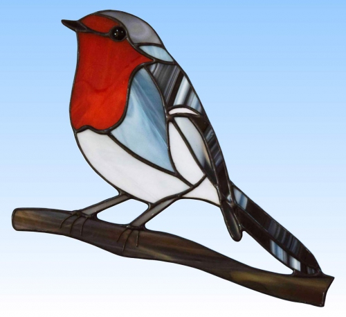 Stained glass suncatcher,window picture," Robin,Redbreast ",13 x 17,5 cm,item number 20251,manufactured in our own atelier.Carmen Harusta,Glasinsel ®,Goettingen,Germany.