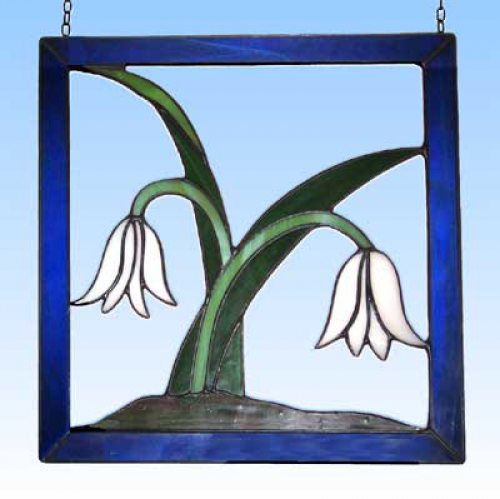 Stained glass suncatcher,window picture," Snowdrop ",20 x 19 cm,item number 20018,manufactured in our own atelier.Carmen Harusta,Glasinsel ®,Goettingen,Germany.