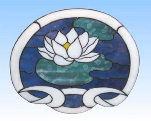 Stained glass suncatcher,window picture," Water Lily ",28 x 32 cm,item number 20140,manufactured in our own atelier.Carmen Harusta,Glasinsel ®,Goettingen,Germany.