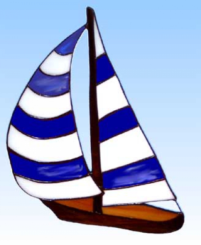 Stained glass suncatcher,window picture," Sailing Ship ",23 x 19 cm,item number 20012,manufactured in our own atelier.Carmen Harusta,Glasinsel ®,Goettingen,Germany.