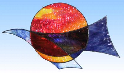 Stained glass suncatcher,window picture," Sun and Wave ",22 x 36 cm,item number 20234,manufactured in our own atelier.Carmen Harusta,Glasinsel ®,Goettingen,Germany.