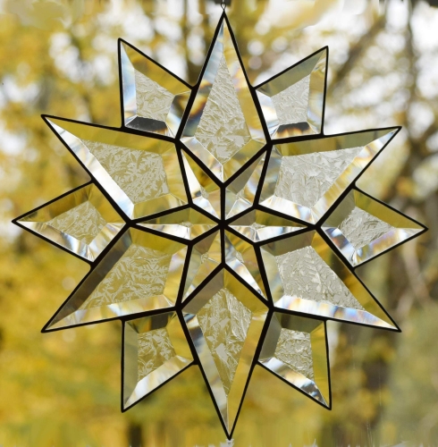 Suncatcher " Glue Chip Beveled Glass Star ",clear,tiffany technique,diameter ca. 30 cm,item number 30113,manufactured for you in our own atelier.Carmen Harusta,Glasinsel ®,Göttingen,Germany.