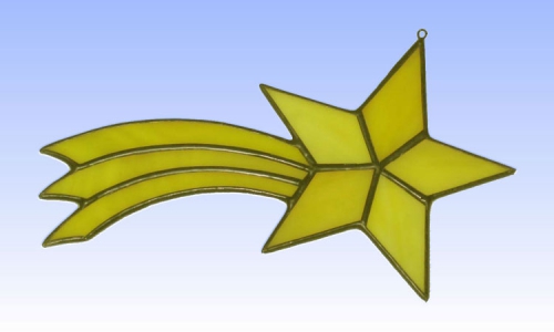 Suncatcher " Shooting Star ",stained glass,yellow,opalescent,size ca. 9 x 15 cm,item number 30036,manufactured in our own atelier.Carmen Harusta,Glasinsel ®,Goettingen,Germany.
