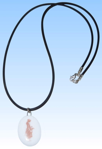 Caoutchouc cord,black,length ca. 45 cm,with glass pendant goose-girl motif,oval,ca. 2 x 2,5 cm,thickness ca. 6 mm,item number 2223045,manufactured in our own atelier.Carmen Harusta,Glasinsel ®,Goettingen,Germany.