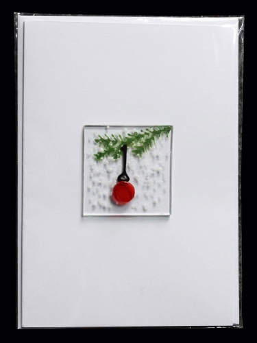 Folding card and envelope,white,ca. 12 x 17 cm,with Glasinsel® motif " Fir tree with red Christmas ball ",ca. 5 x 5 cm,item number 130001w.Carmen Harusta,Glasinsel ®,Göttingen,Germany.