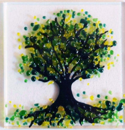 Folding card and envelope,white,ca. 12 x 17 cm,with Glasinsel® motif " Spring Tree ",ca. 5 x 5 cm,item number 130004w.Carmen Harusta,Glasinsel ®,Göttingen,Germany.