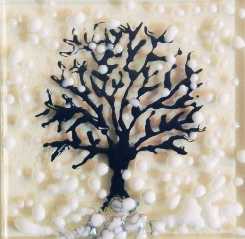 Folding card and envelope,ivory coloured,ca. 12 x 17 cm,with Glasinsel® motif " Winter Tree ",ca. 5 x 5 cm,item number 130005e.Carmen Harusta,Glasinsel ®,Göttingen,Germany.