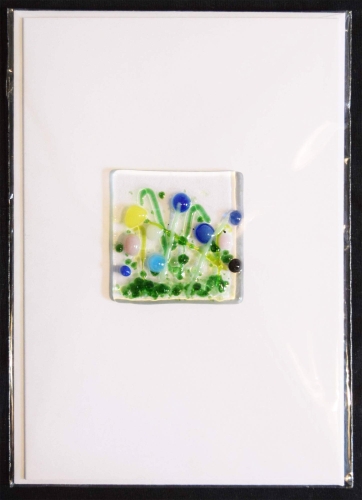 Folding card and envelope,white,ca. 12 x 17 cm,with Glasinsel® motif " Flower Meadow with blue flowers ",ca. 5 x 5 cm,item number 130008w.Carmen Harusta,Glasinsel ®,Göttingen,Germany.