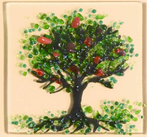 Faltkarte und Briefumschlag,elfenbeinfarben,ca. 12 x 17 cm,mit Glasinsel®-Motiv " Sommerbaum ",ca. 5 x 5 cm,Artikelnummer 130009e.Carmen Harusta,Glasinsel ®,Göttingen,Deutschland.