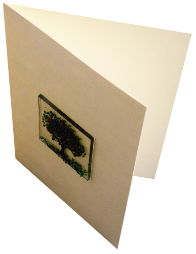 Faltkarte und Briefumschlag,elfenbeinfarben,ca. 12 x 17 cm,mit Glasinsel®-Motiv " Sommerbaum ",ca. 5 x 5 cm,Artikelnummer 130009e.Carmen Harusta,Glasinsel ®,Göttingen,Deutschland.