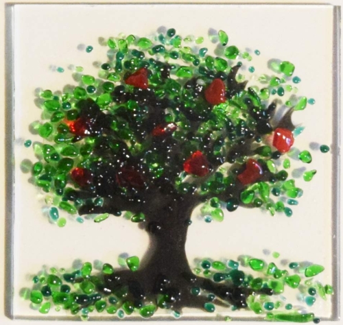 Faltkarte und Briefumschlag,weiss,ca. 12 x 17 cm,mit Glasinsel®-Motiv " Sommerbaum ",ca. 5 x 5 cm,Artikelnummer 130009w.Carmen Harusta,Glasinsel ®,Göttingen,Deutschland.