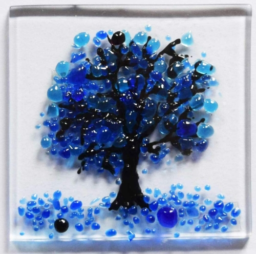 Folding card and envelope,white,ca. 12 x 17 cm,with Glasinsel® motif " Blue Tree ",ca. 5 x 5 cm,item number 130010w.Carmen Harusta,Glasinsel ®,Göttingen,Germany.