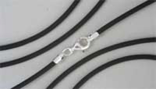 Caoutchouc cord,black,diameter 2 mm,length 42 cm,with carabiner clasp,925 Sterling Silver,item number 3240C.