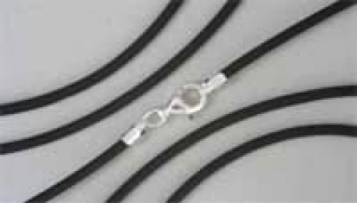 Caoutchouc cord,black,diameter 2 mm,length 70 cm,with carabiner clasp,925 Sterling Silver,item number 3240G.
