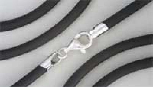 Caoutchouc cord,black,diameter 4 mm,length 42 cm,with carabiner clasp,925 Sterling Silver,item number 3244C.