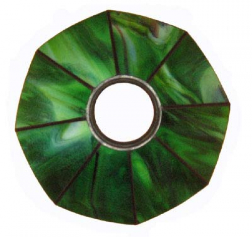 Stained glass lampshade with fitter ring,height ca. 9,5 cm,diameter ca. 21 cm,dark green,green,light green,red-brown,item number 8003a,top view,manufactured in our own atelier in Goettingen.Made in Germany.