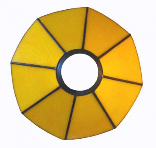 Stained glass lampshade with fitter ring,height ca. 9,5 cm,diameter ca. 21 cm,sunflower yellow,item number 8003b,top view,manufactured in our own atelier in Goettingen.Made in Germany.