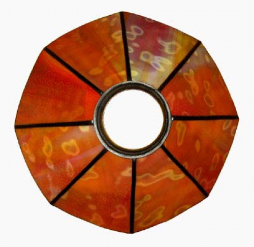 Stained glass lampshade with fitter ring,height ca. 9,5 cm,diameter ca. 21 cm,red,orange,yellow,item number 8003d,top view,manufactured in our own atelier in Goettingen.Made in Germany.