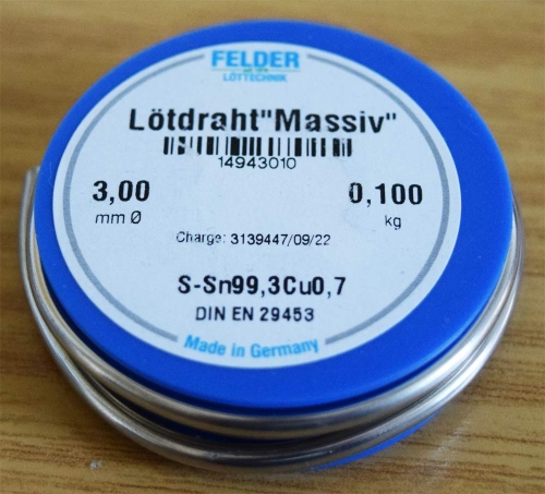 Soft solder,lead-free,Sn99Cu1,3 mm round rod,roll,ca. 0,1 kg,item number 14992040-1.