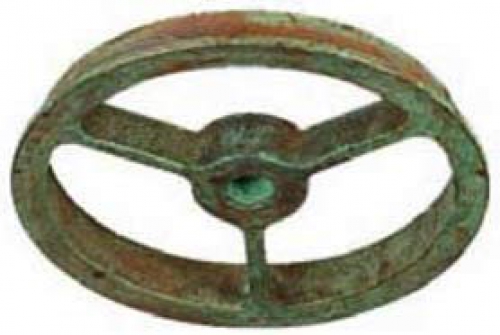Odyssey lamp wheel,cast brass,green brown patinated,diameter ca. 3",item number 8912301.