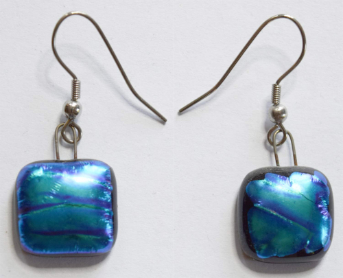 Earrings " Squares ",blue,turquoise blue,turquoise green,ca. 15 x 15 x 6 mm,1 pair,individual items,item number 30007,manufactured in our own studio.Carmen Harusta,Glasinsel ®,Goettingen,Germany.