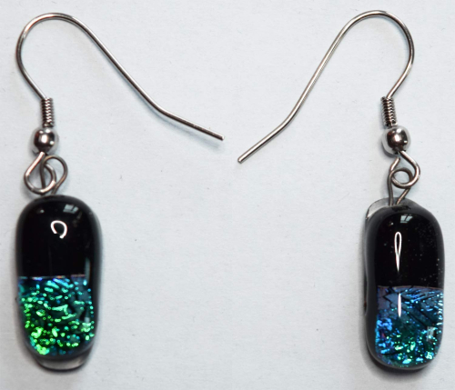 Earrings " Capsules ",black,glitter turquoise green,glitter turquoise blue,ca. 18 x 9 x 6 mm,1 pair,individual items,item number 30009,manufactured in our own studio.Carmen Harusta,Glasinsel ®,Goettingen,Germany.