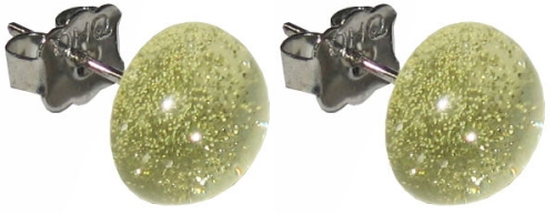 Ear studs,925 Sterling Silver,with handmade glass stone,diameter ca. 10 mm,pale yellow gold with glitter,1 pair,item number 22222050,manufactured in our own atelier.Carmen Harusta,Glasinsel ®,Goettingen,Germany.