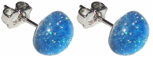 Ohrstecker,925er Sterling Silber,mit handgemachtem Glasstein,Durchmesser ca. 10 mm,blau mit Glitzer,1 Paar,Artikelnummer 22225150,in unserem eigenen Atelier gefertigt.Carmen Harusta,Glasinsel ®,Göttingen,Deutschland.
