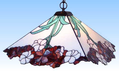 Hanging lamp " Blossom ",stained glass,white,green,red,violet,pink,ca. 45 x 45 cm,item number 1063,manufactured in our own atelier in Goettingen,Germany.