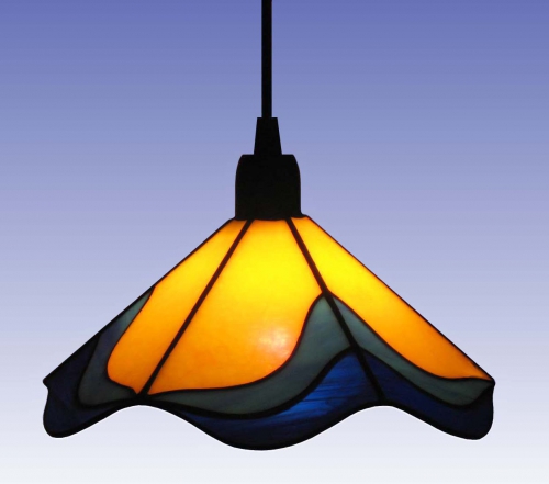 Hanging lamp " Holiday ",stained glass,sunflower yellow,light blue,dark blue,diameter ca. 23 cm,item.number 0918 c,manufactured in our own atelier.Carmen Harusta,Glasinsel ®,Goettingen,Germany.