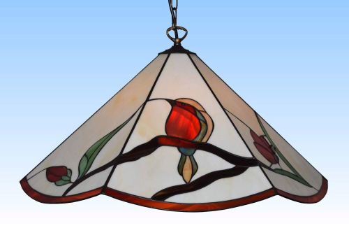 Hanging lamp " In The Garden ",stained glass,amber,red,green,brown,orange,turquoise,diameter ca. 54 cm,item number 1078,manufactured in our own atelier in Goettingen,Germany,image 1,on.