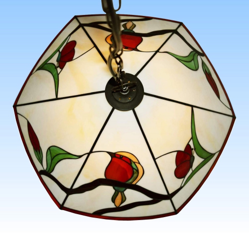 Hanging lamp " In The Garden ",stained glass,amber,red,green,brown,orange,turquoise,diameter ca. 54 cm,item number 1078,manufactured in our own atelier in Goettingen,Germany,image 4,top view.